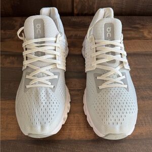 On Running Light Gray and White Athletic Shoes
